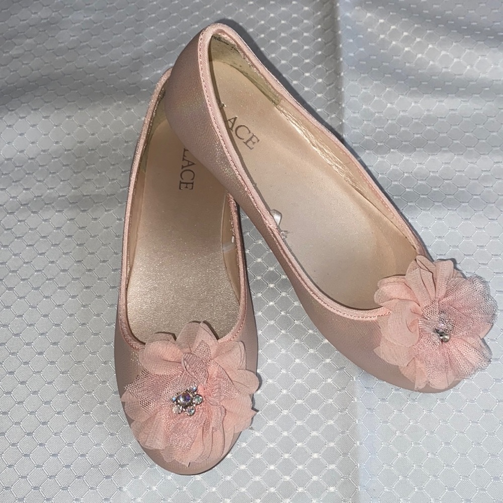 Worn once inside! Pink w/ toile and diamond accents in the flowers, rubber soles